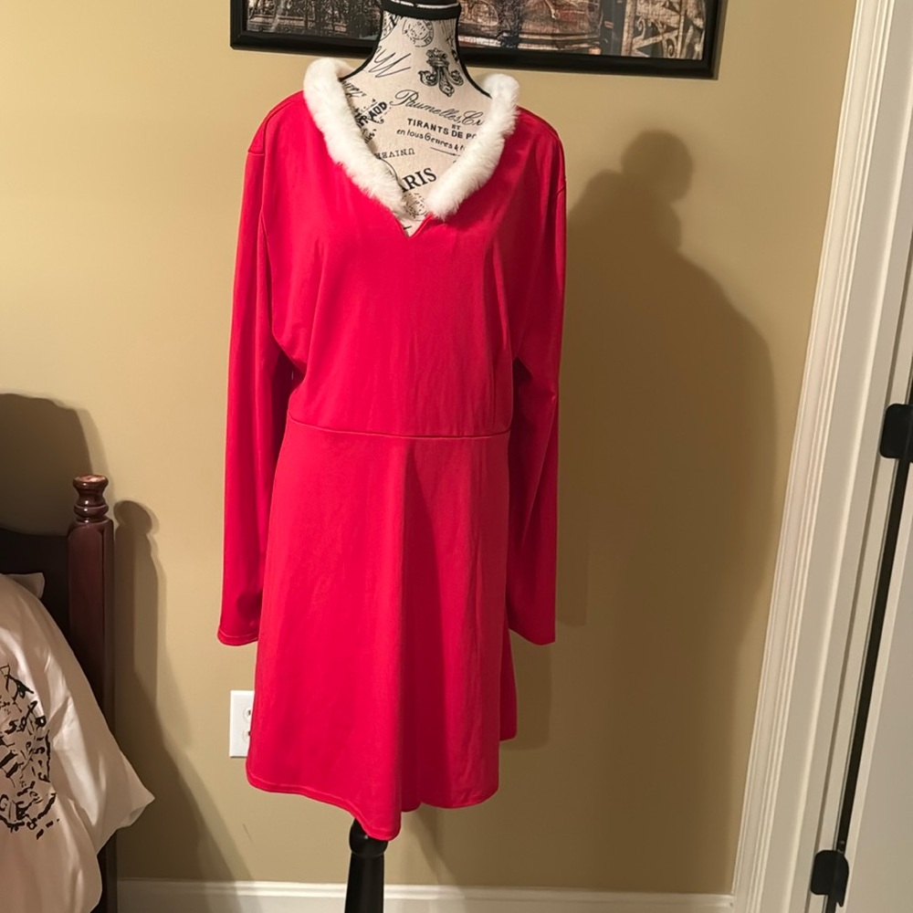 Red Christmas dress with white faux fur collar.  Long sleeves. High back. XL